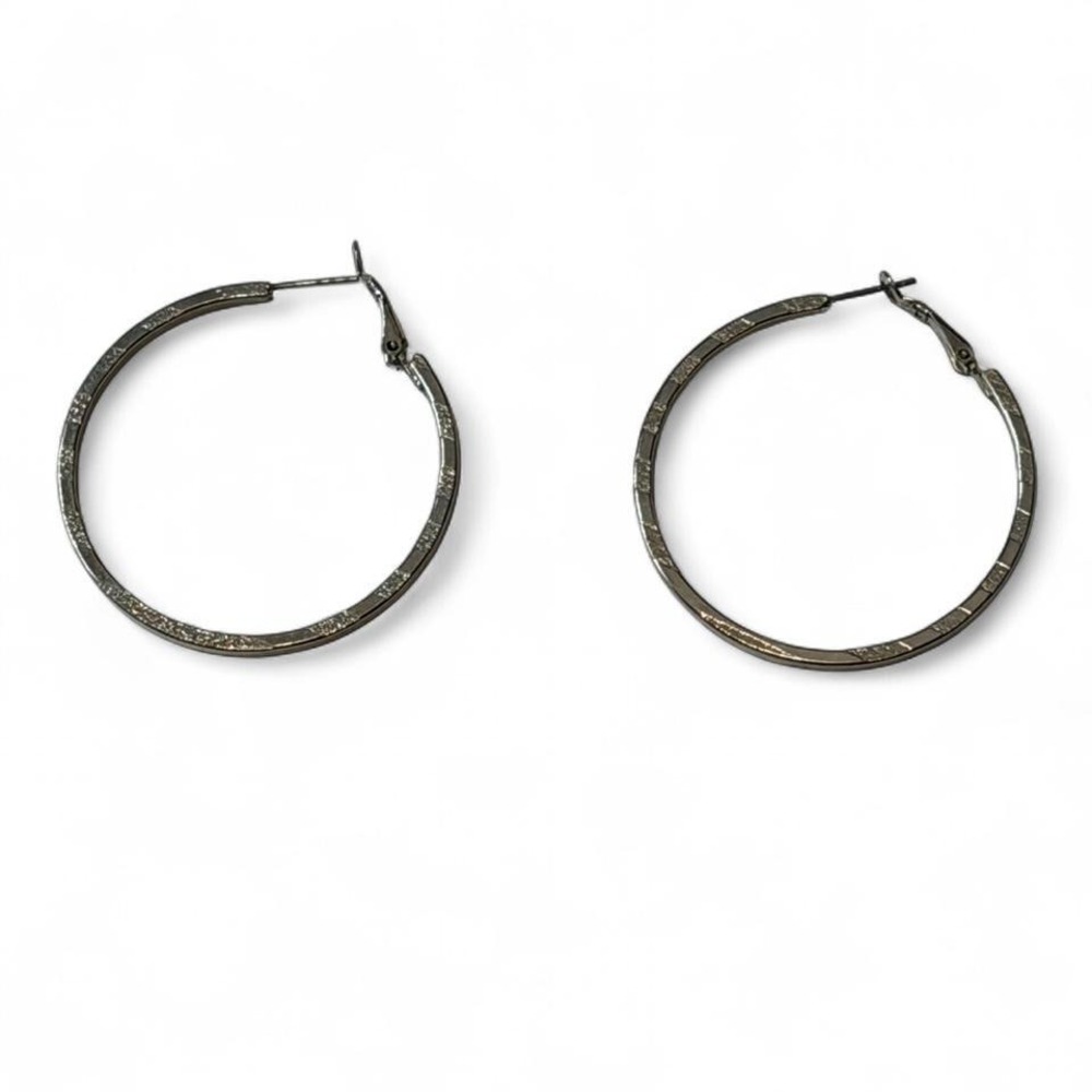 Silver Tone Diamond Cut Textured Hoop Earrings